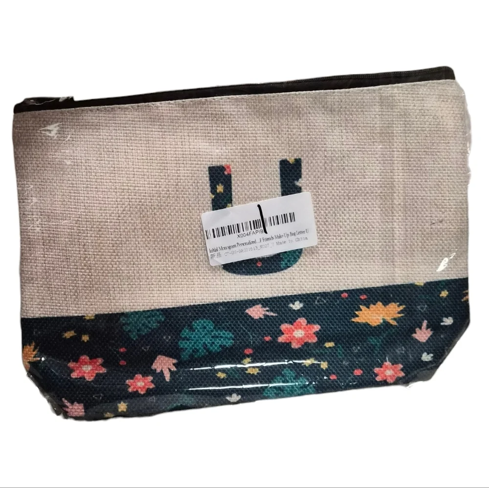 Floral Canvas Zip Pouch with Blue “U” Monogram